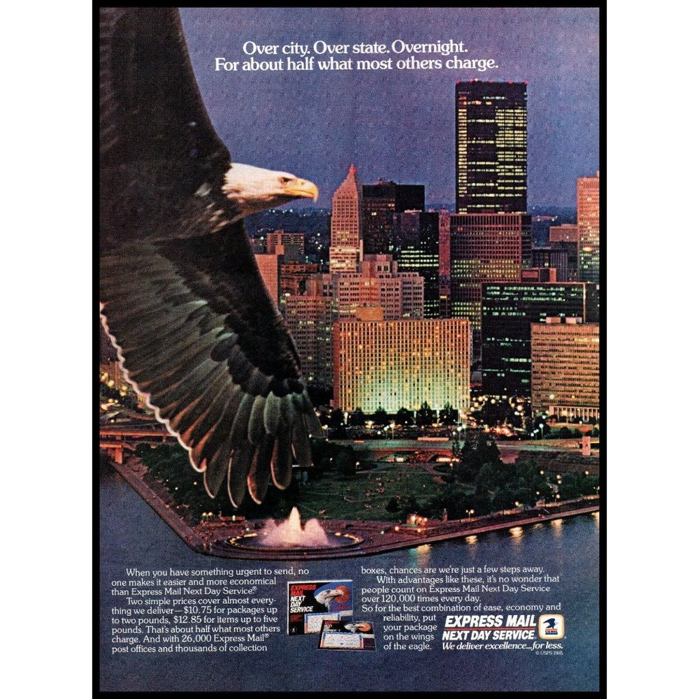 1986 USPS Express Mail Service Vintage Print Ad Bald Eagle Skyline Wall Art